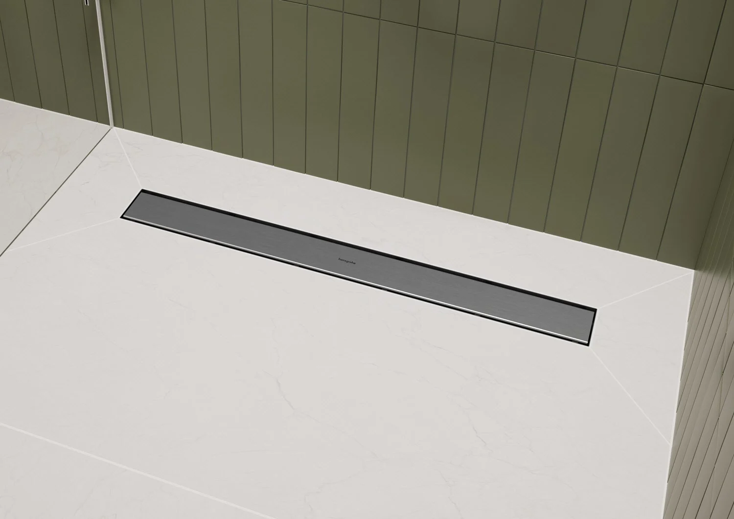 Zbliżenie odpływu prysznicowego w prysznicu, hansgrohe