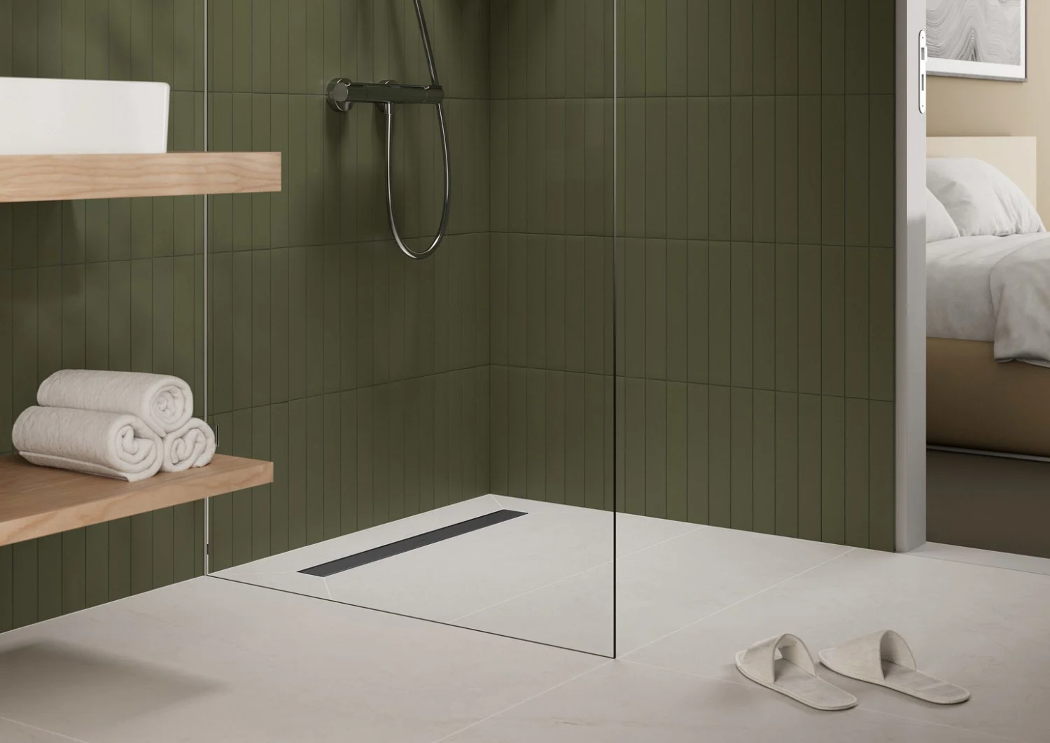 Prysznic z zielonymi płytkami i szklaną ścianą, hansgrohe