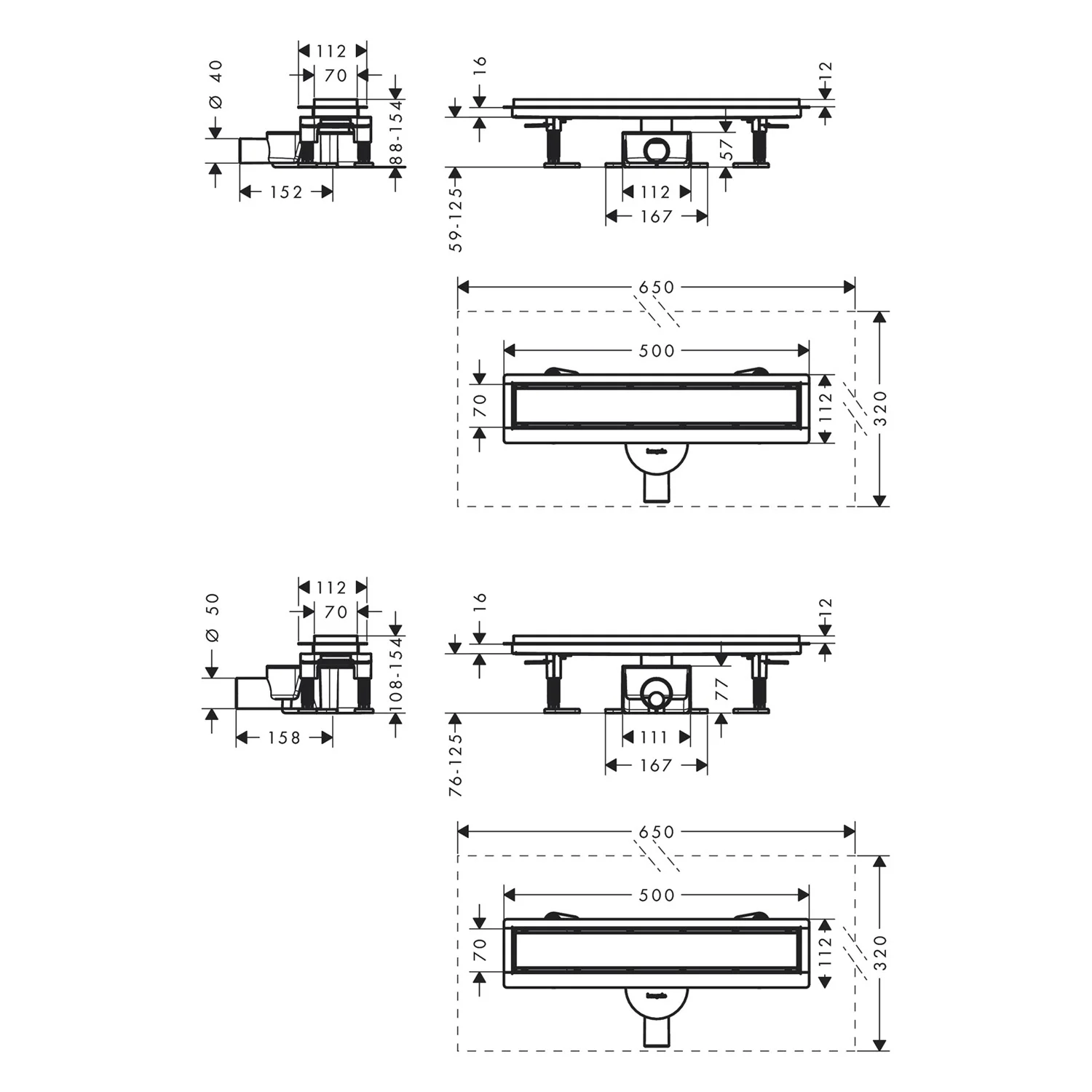 Rysunek techniczny odpływu prysznicowego z wymiarami, hansgrohe