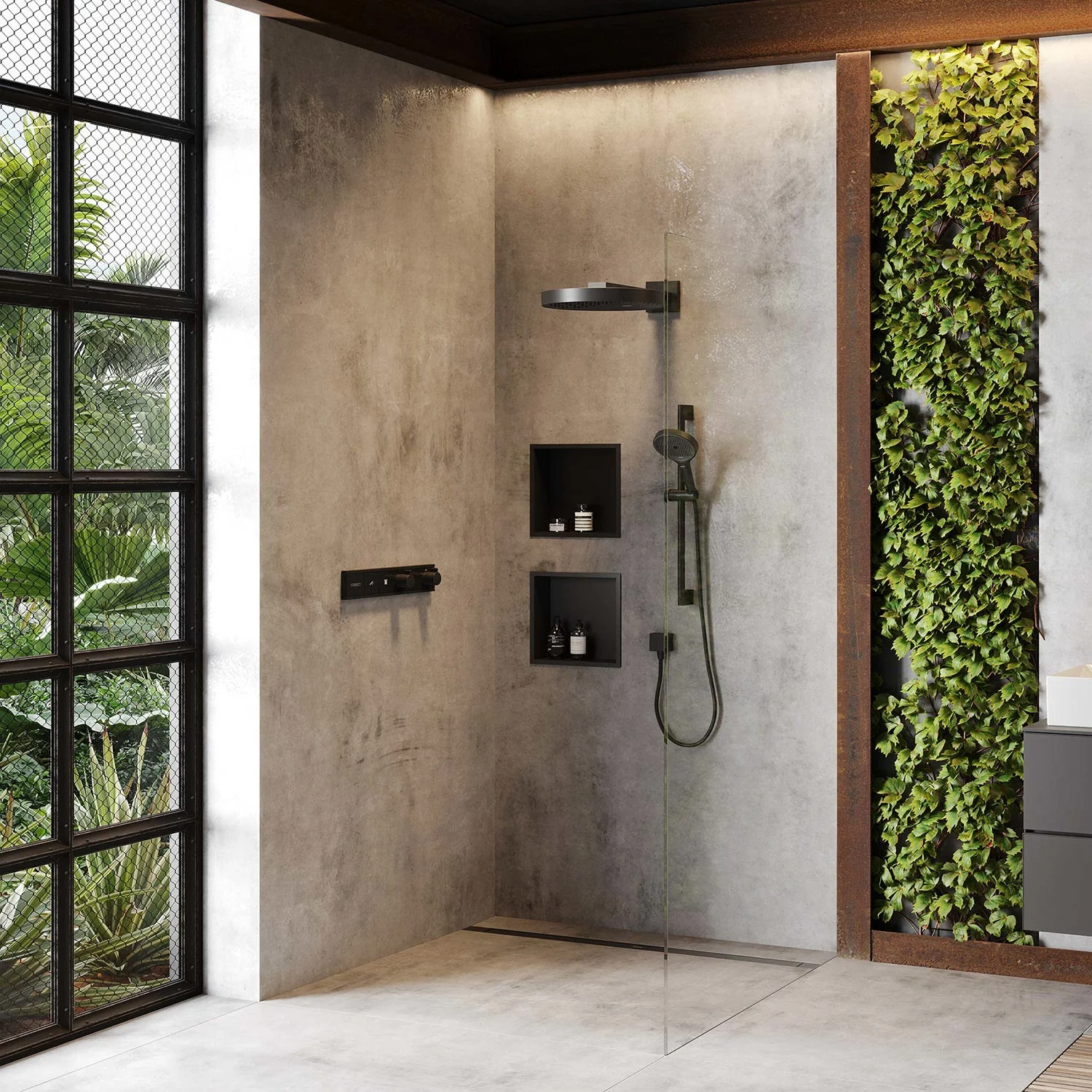 Prysznic ze szklaną ścianą i ścianą roślinną, hansgrohe