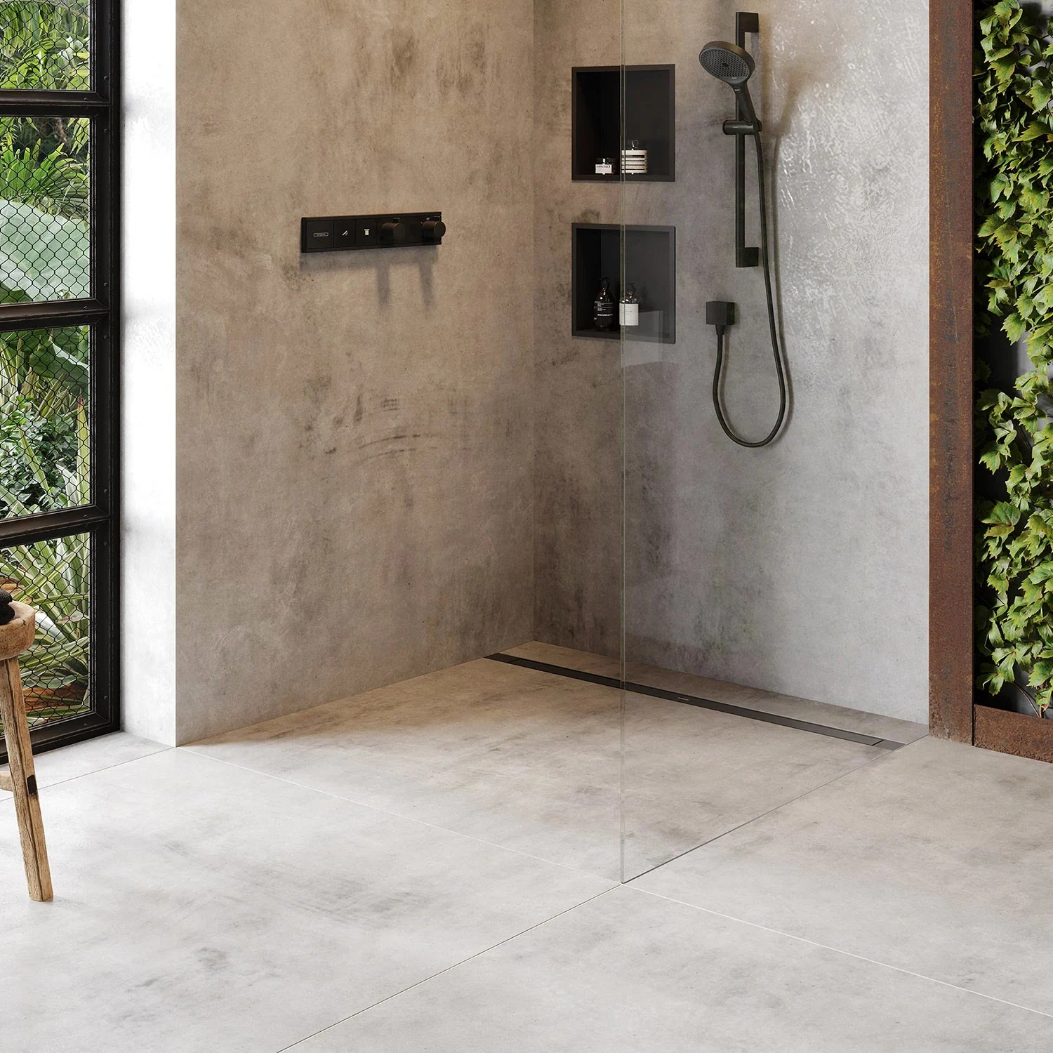Nowoczesny prysznic ze szklaną ścianą i zieloną ścianą, hansgrohe
