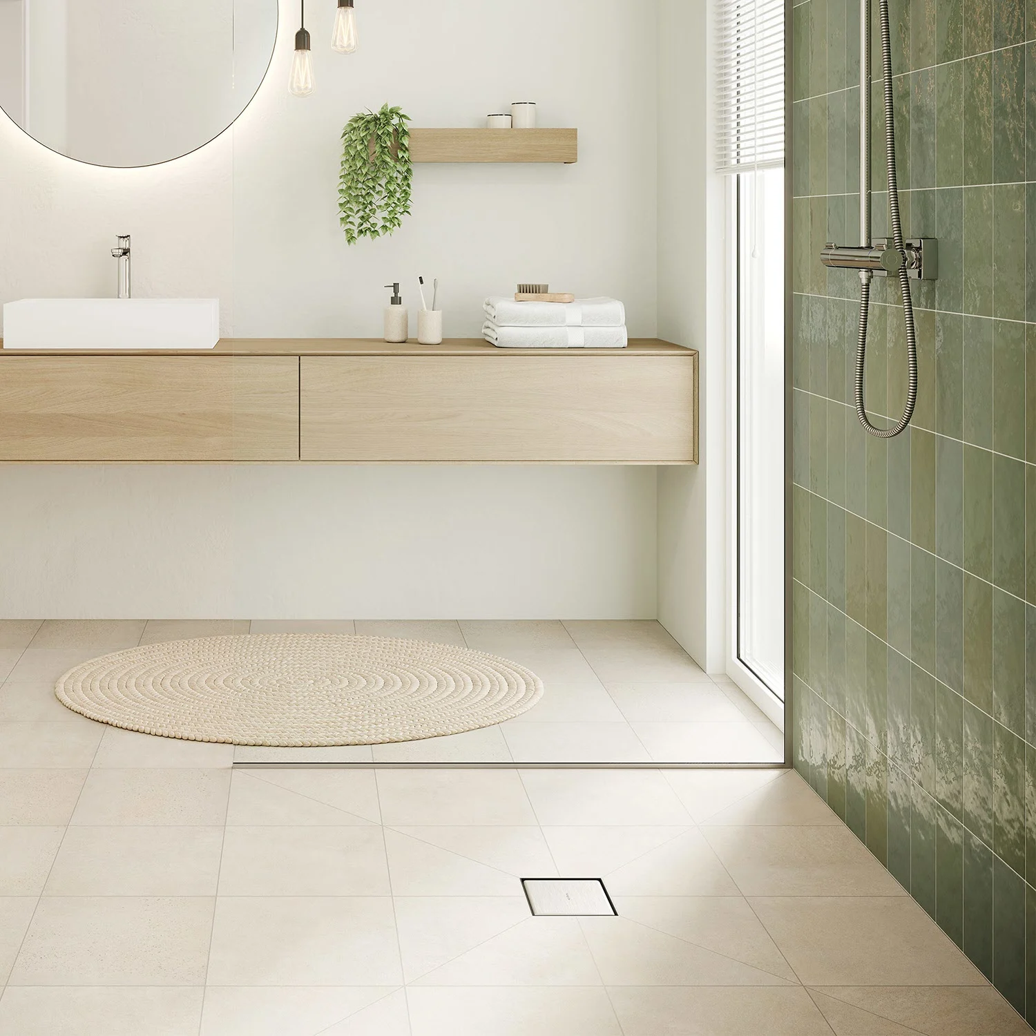 Nowoczesna łazienka z zielonymi płytkami i odpływem prysznicowym, hansgrohe