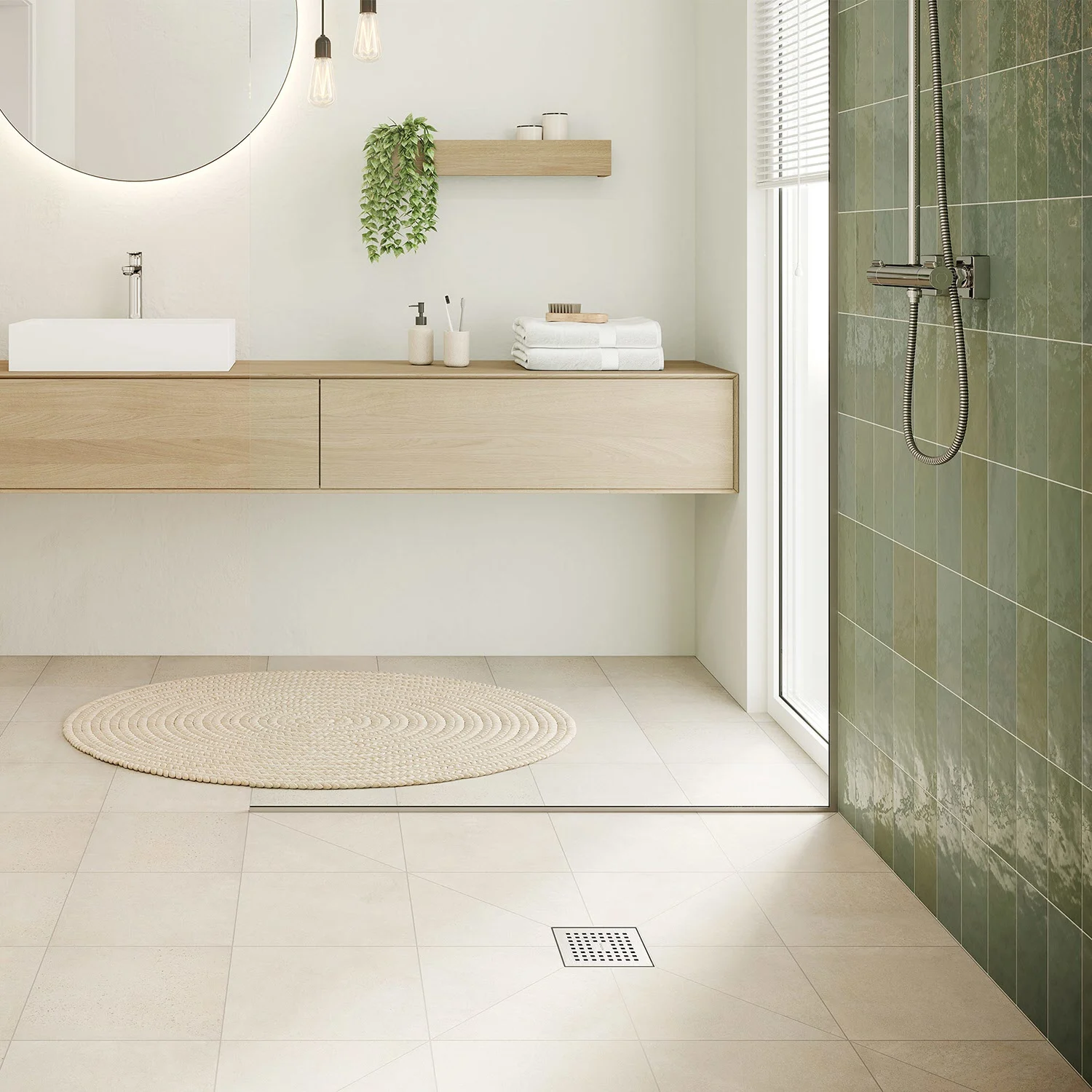 Nowoczesna łazienka z zielonymi płytkami i odpływem prysznicowym, hansgrohe