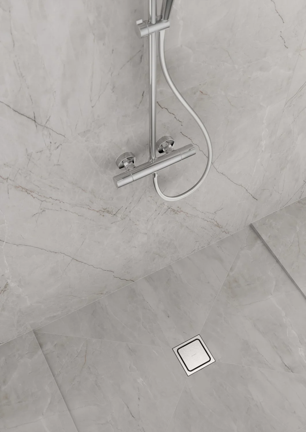 Prysznic z odpływem i armaturą z bliska, hansgrohe