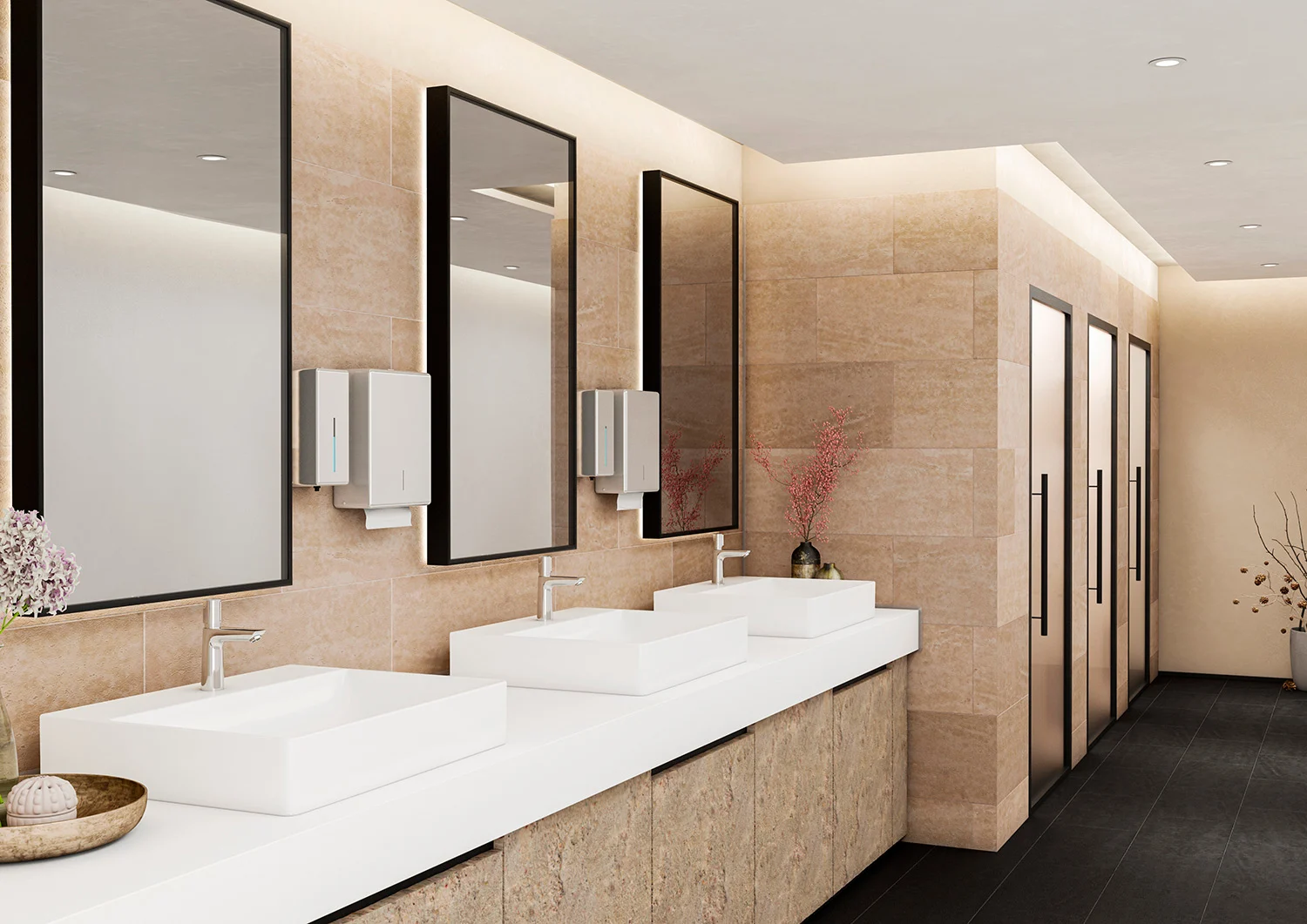 Nowoczesna łazienka z białymi umywalkami i lustrami, hansgrohe