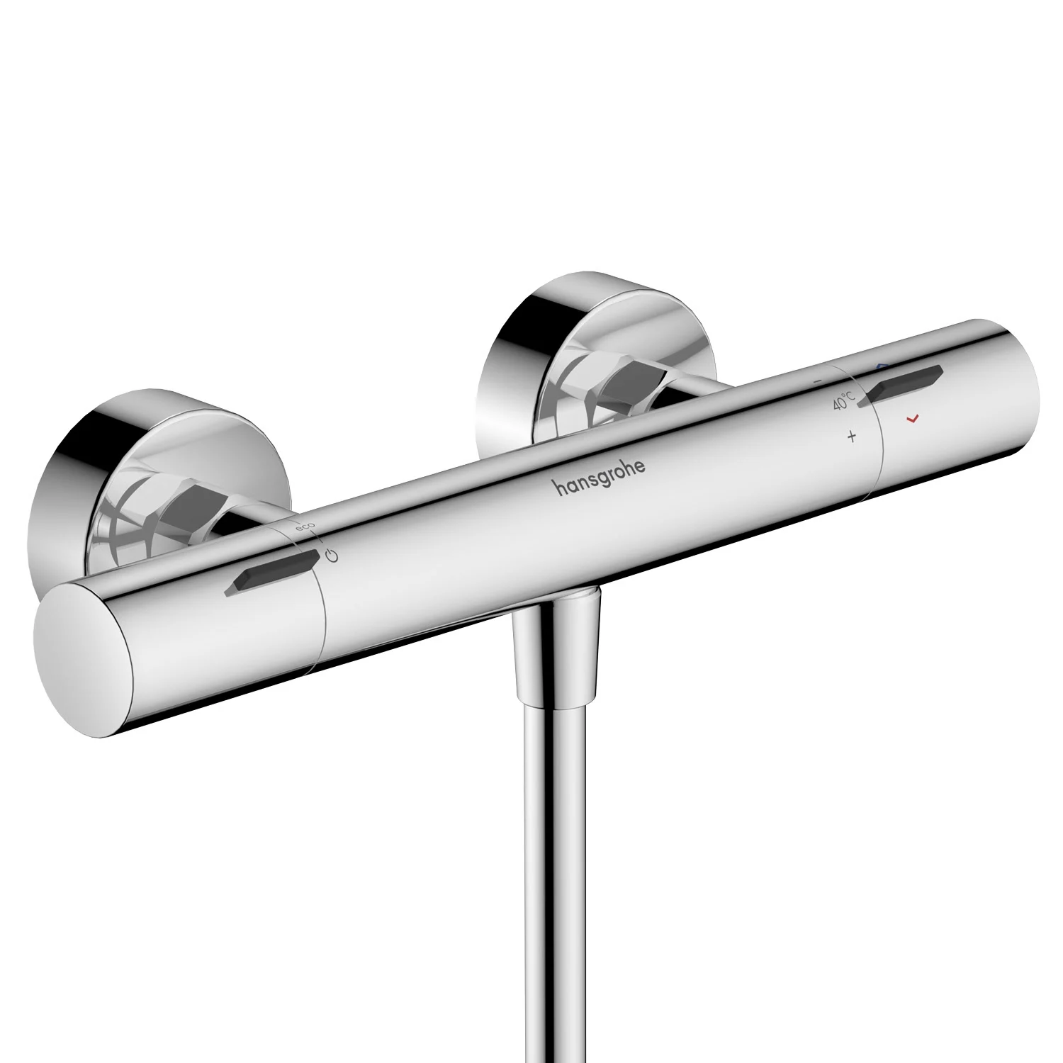 Chromowany termostat widok z boku na białym tle, hansgrohe