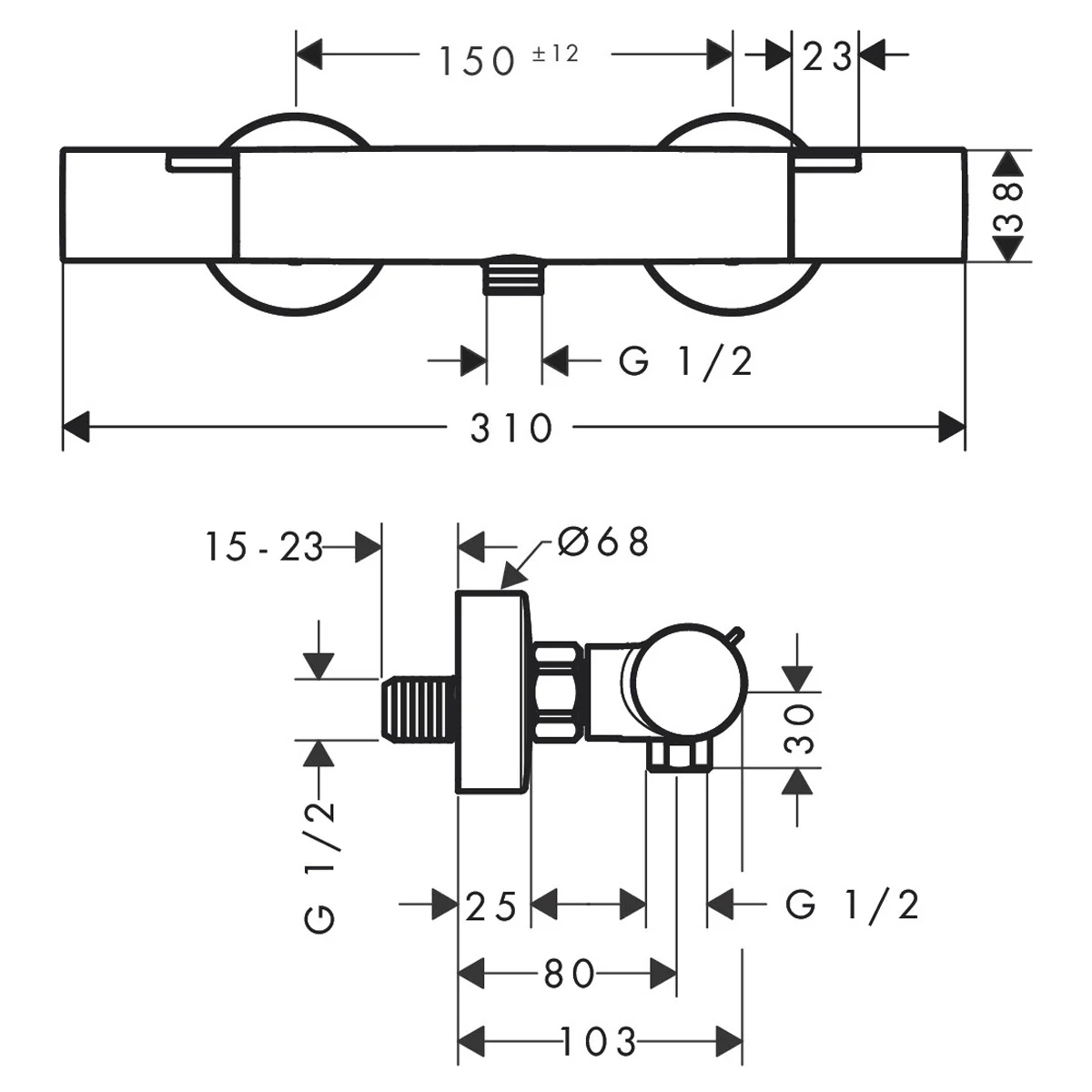 Rysunek techniczny systemu baterii termostatycznej, hansgrohe
