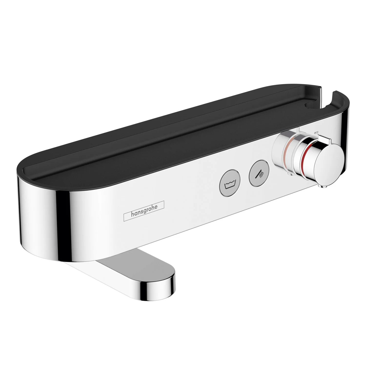 Widok z przodu srebrnego termostatu wannowego, hansgrohe