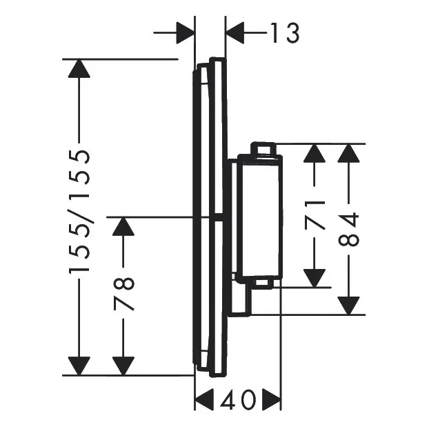 Rysunek techniczny zaworu termostatycznego z wymiarami, hansgrohe