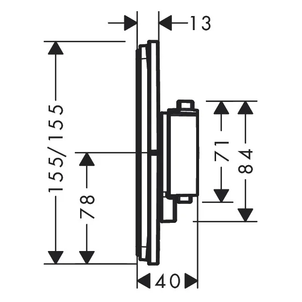 Rysunek techniczny termostatu z wymiarami, hansgrohe