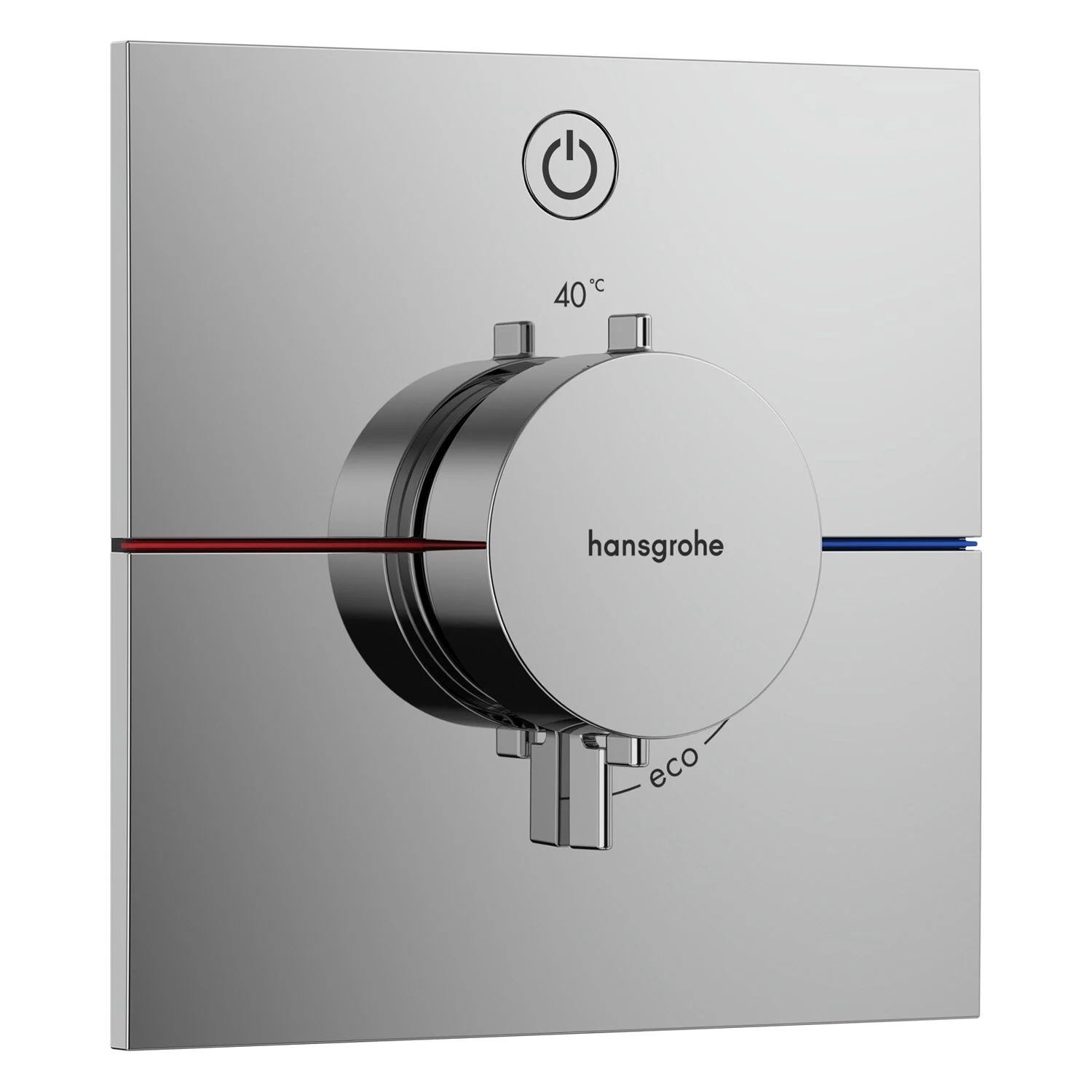 Chromowany termostat widok z przodu z wyświetlaczem temperatury, hansgrohe