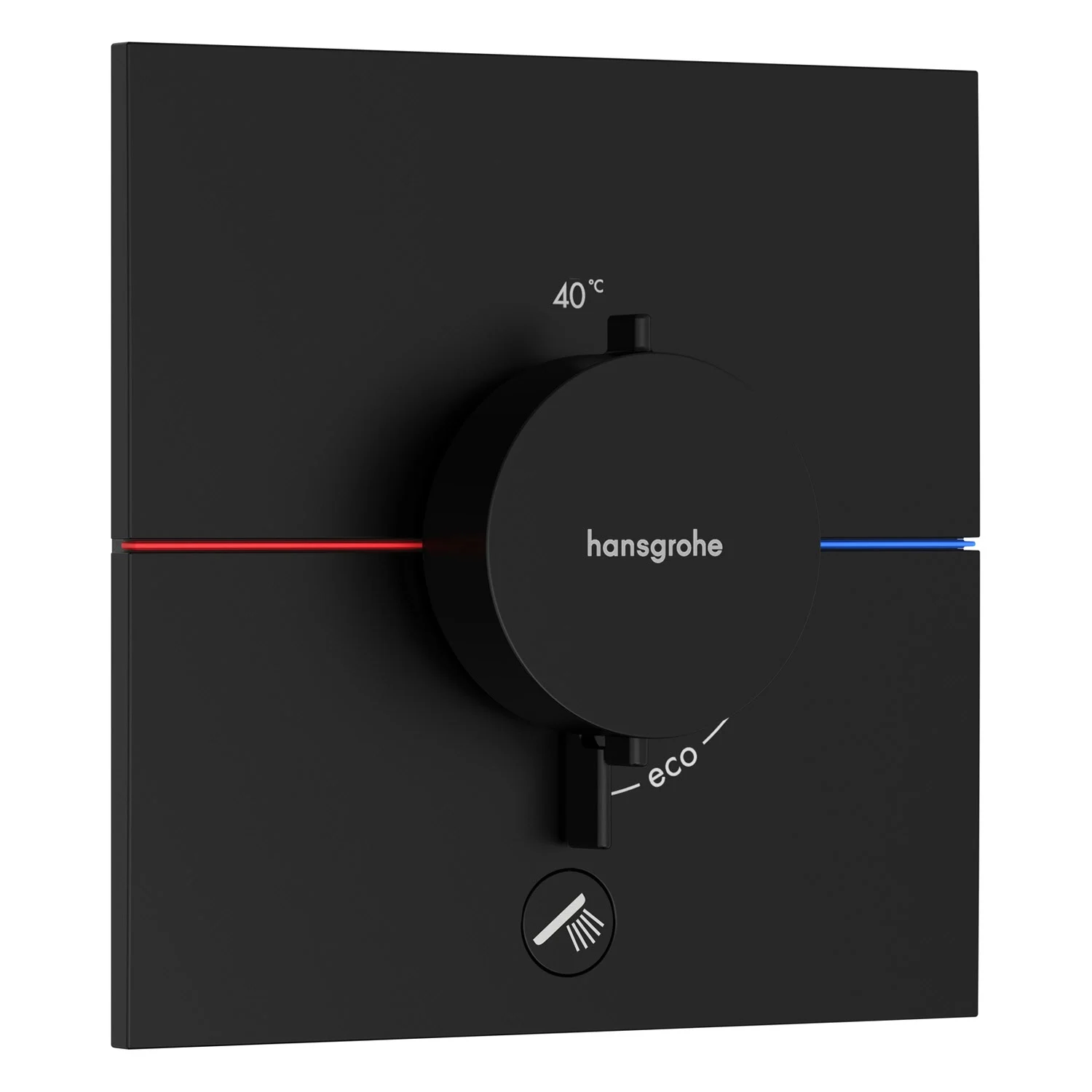 Czarny termostat w widoku z przodu, hansgrohe