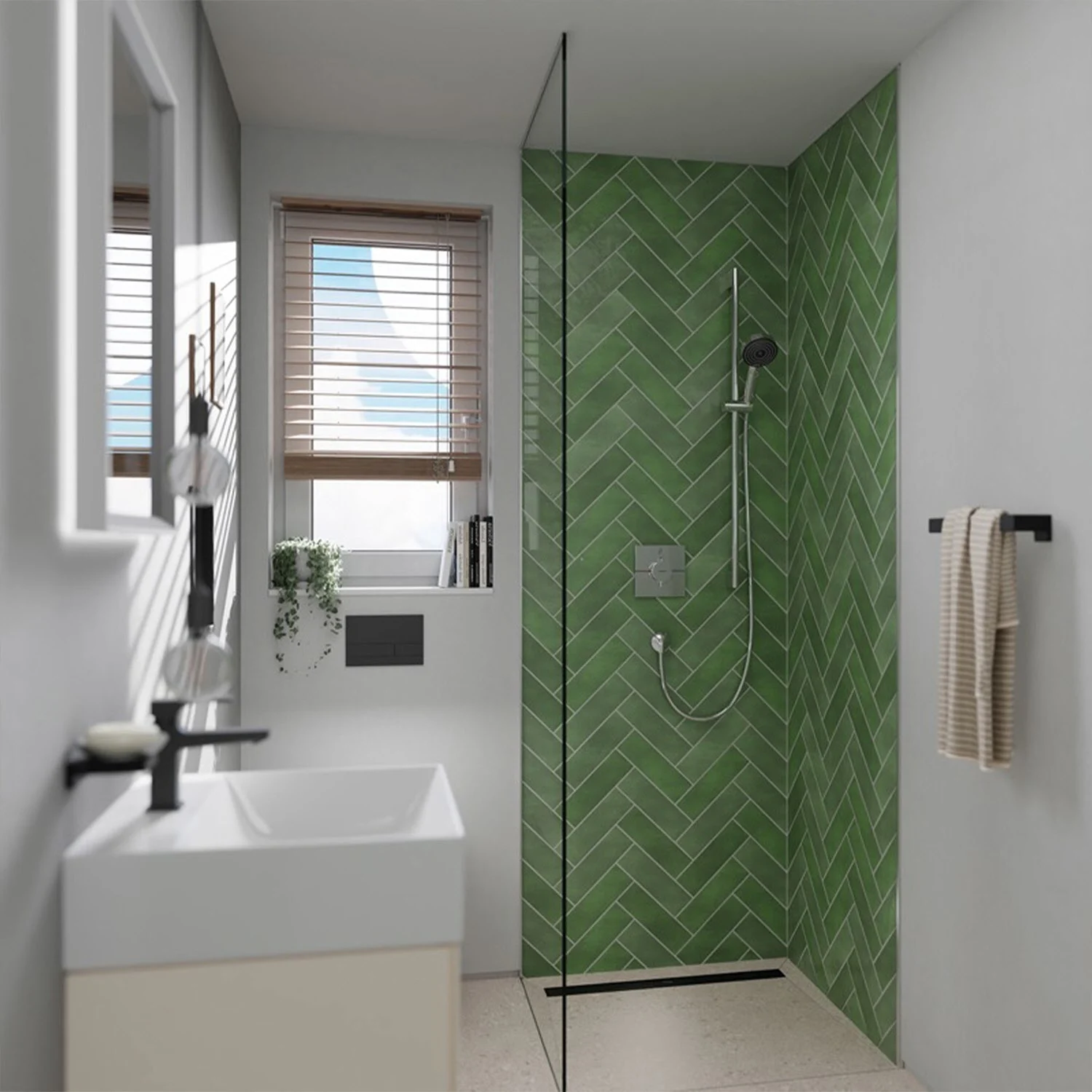 Łazienka z zieloną ścianą prysznicową i umywalką, hansgrohe