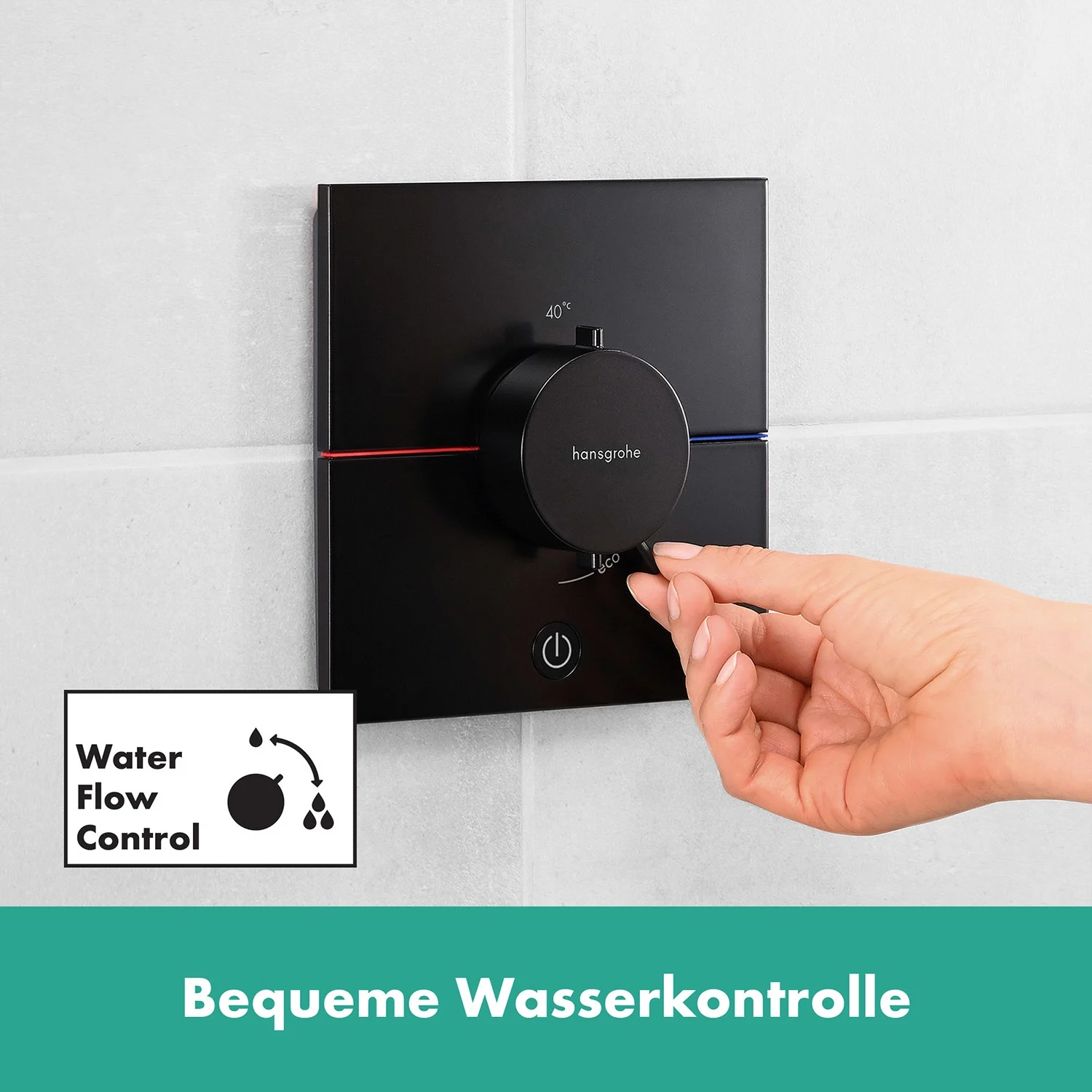 Czarny termostat zbliżenie na ścianie, hansgrohe