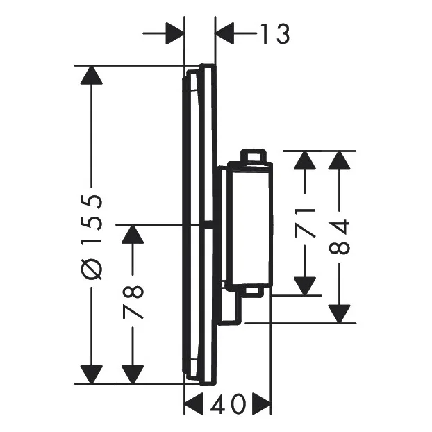 Rysunek techniczny zaworu termostatycznego z wymiarami, hansgrohe