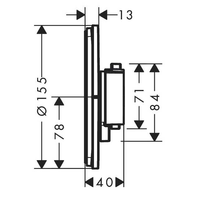 Rysunek techniczny zaworu termostatycznego z wymiarami, hansgrohe