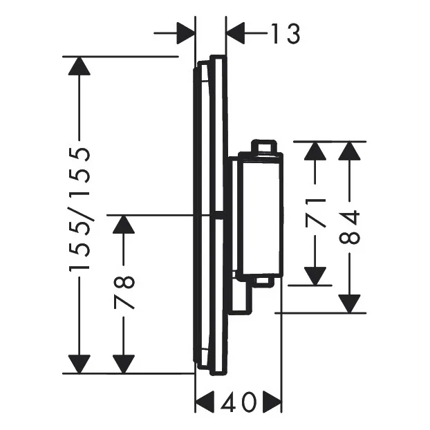 Rysunek techniczny zaworu termostatycznego z wymiarami, hansgrohe