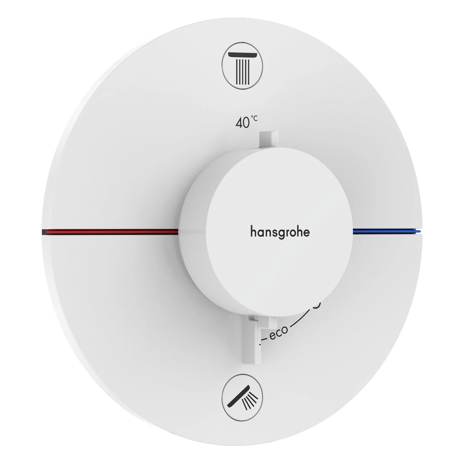 Biały termostat widok z przodu na białym tle, hansgrohe
