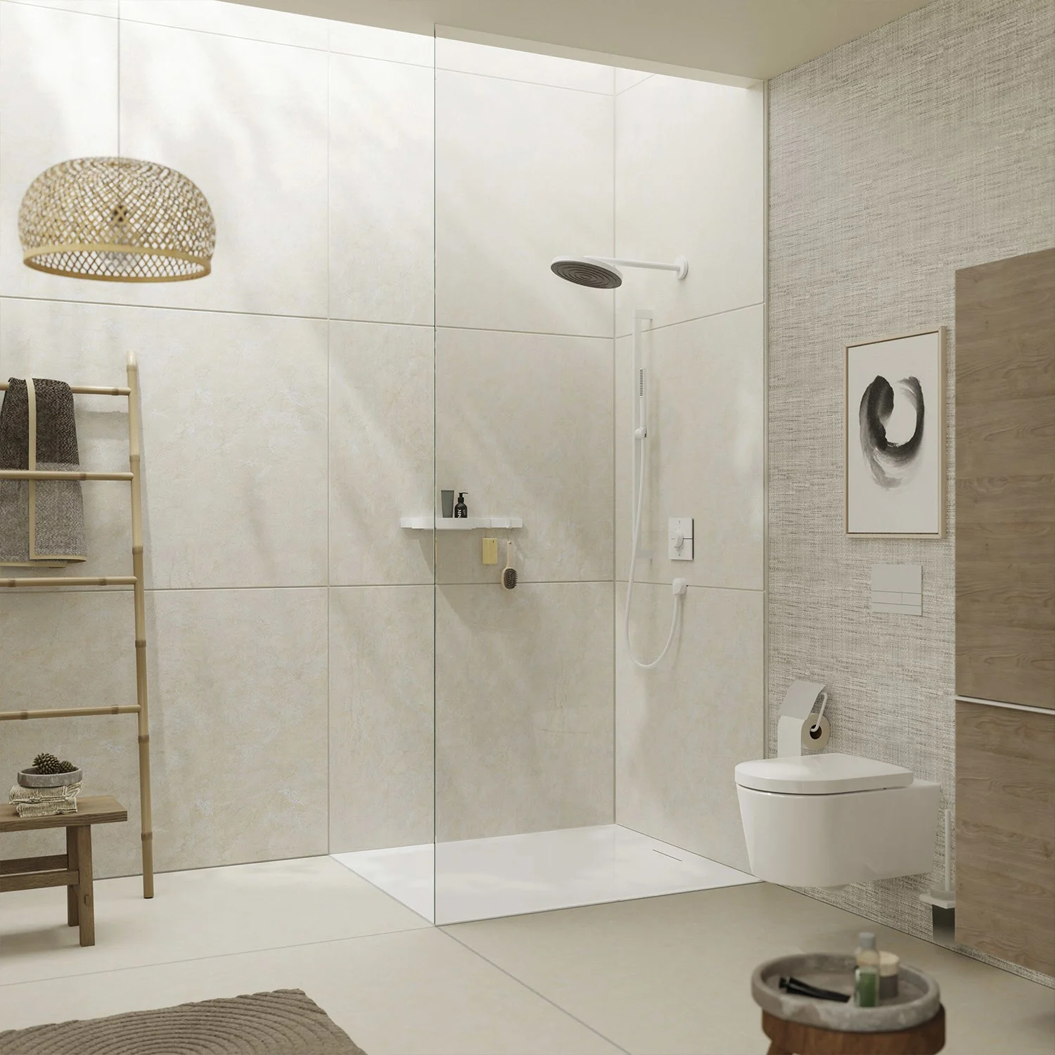 Duży prysznic z beżowymi płytkami i dekoracją, hansgrohe