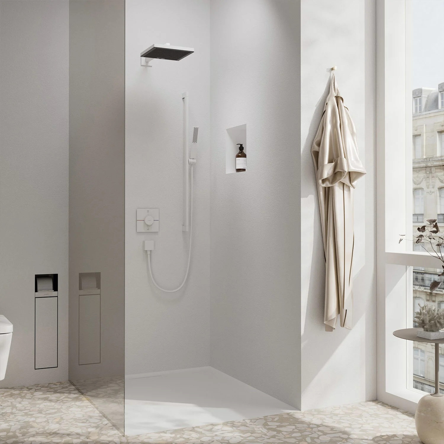 Nowoczesny prysznic z termostatem i deszczownicą, hansgrohe