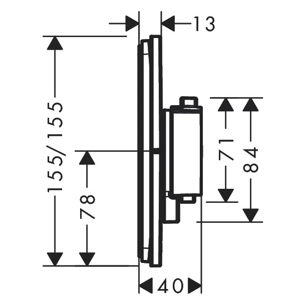 Rysunek techniczny zaworu termostatycznego z wymiarami, hansgrohe