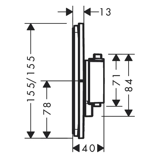 Rysunek techniczny termostatu z wymiarami, hansgrohe