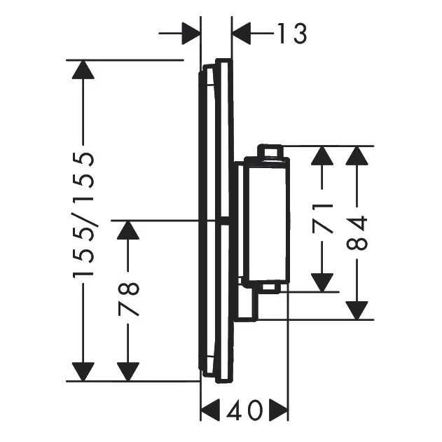 Rysunek techniczny termostatu z wymiarami, hansgrohe