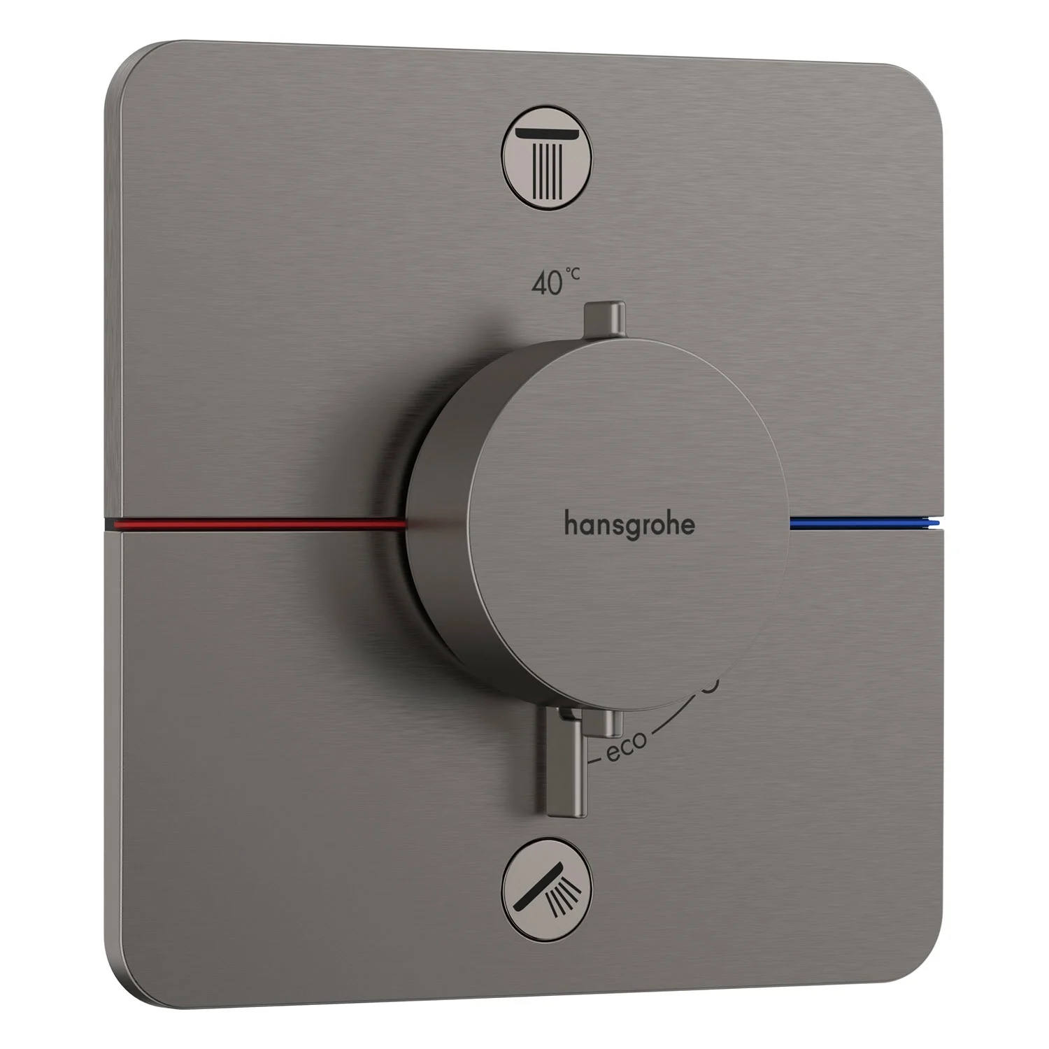 Szary termostat widok z przodu z symbolami, hansgrohe