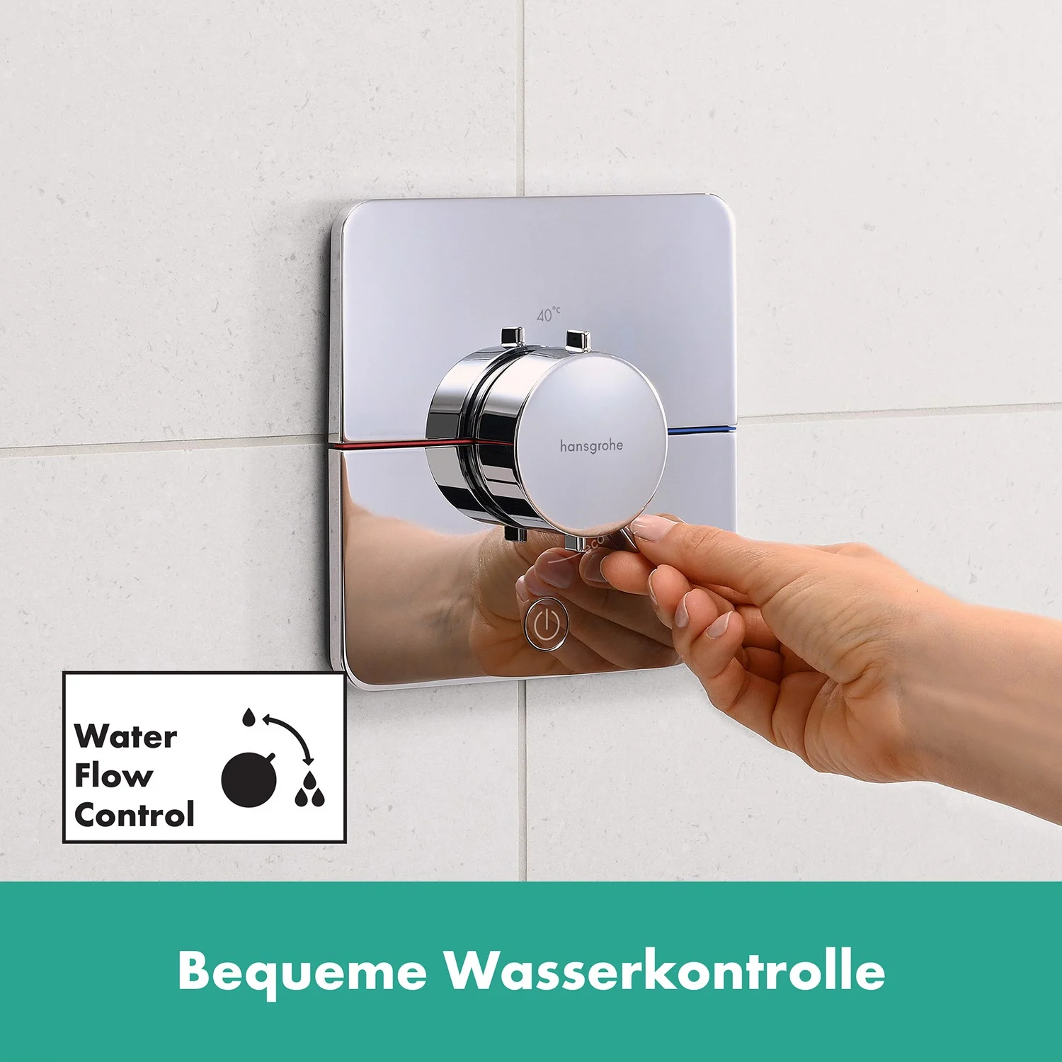 Zbliżenie kwadratowego termostatu na ścianie łazienki, hansgrohe