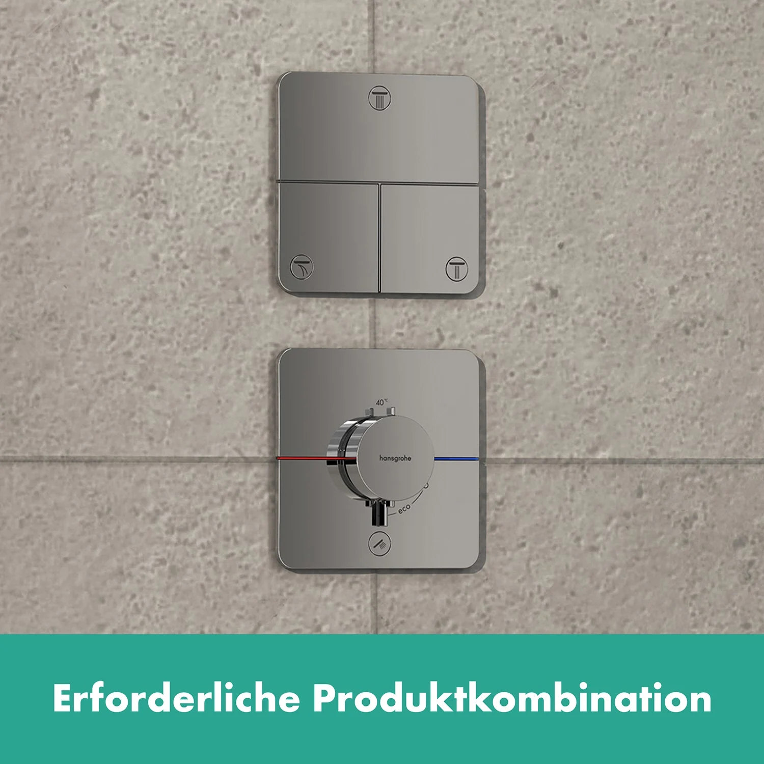 Srebrny termostat na kafelkowanej ścianie, hansgrohe