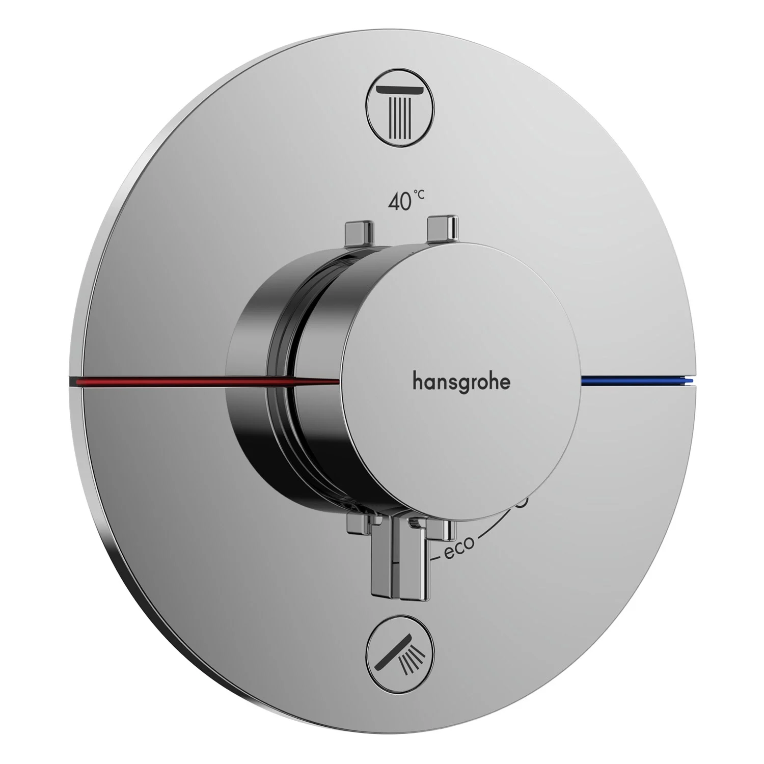 Chromowany termostat widok z przodu na białym tle, hansgrohe