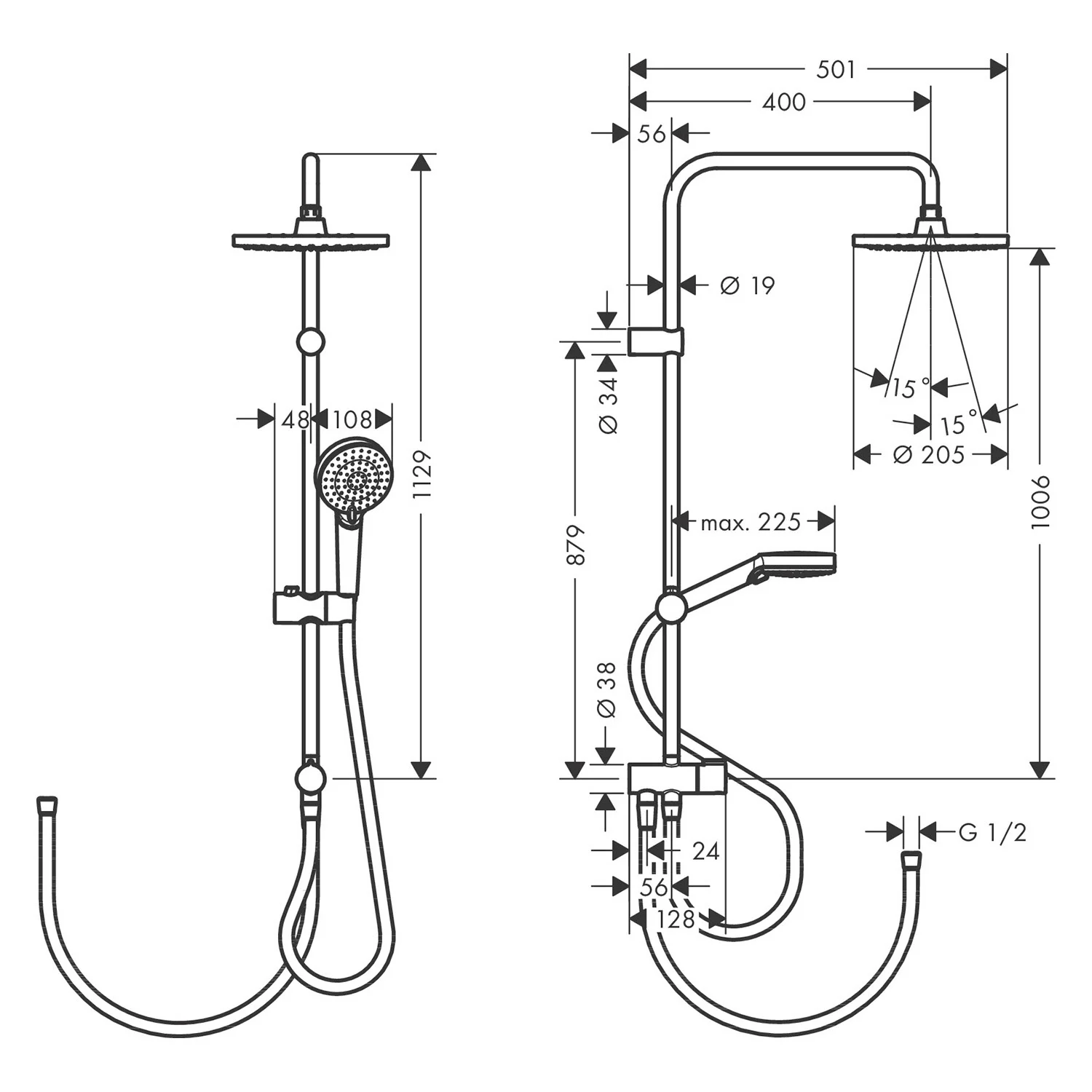 Rysunek techniczny systemu prysznicowego z wymiarami, hansgrohe