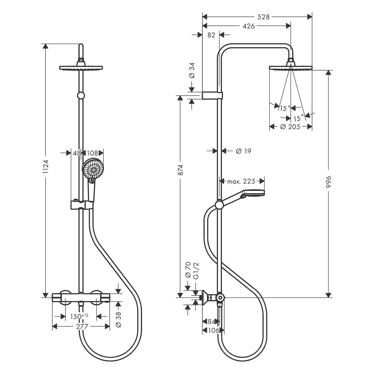 Rysunek techniczny systemu prysznicowego z wymiarami, hansgrohe