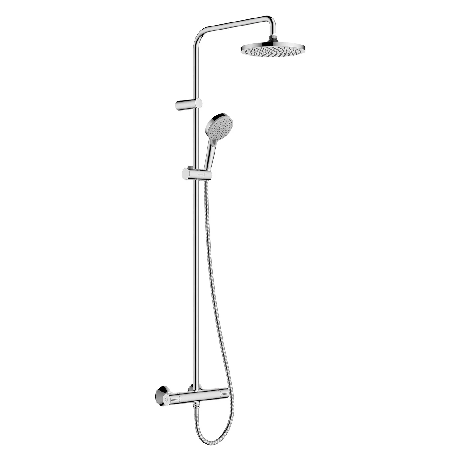Chromowany system prysznicowy w widoku z boku, hansgrohe