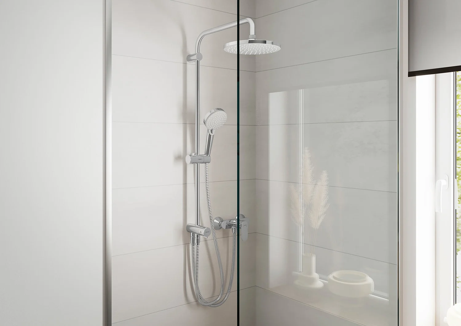System prysznicowy zainstalowany w nowoczesnej łazience, hansgrohe
