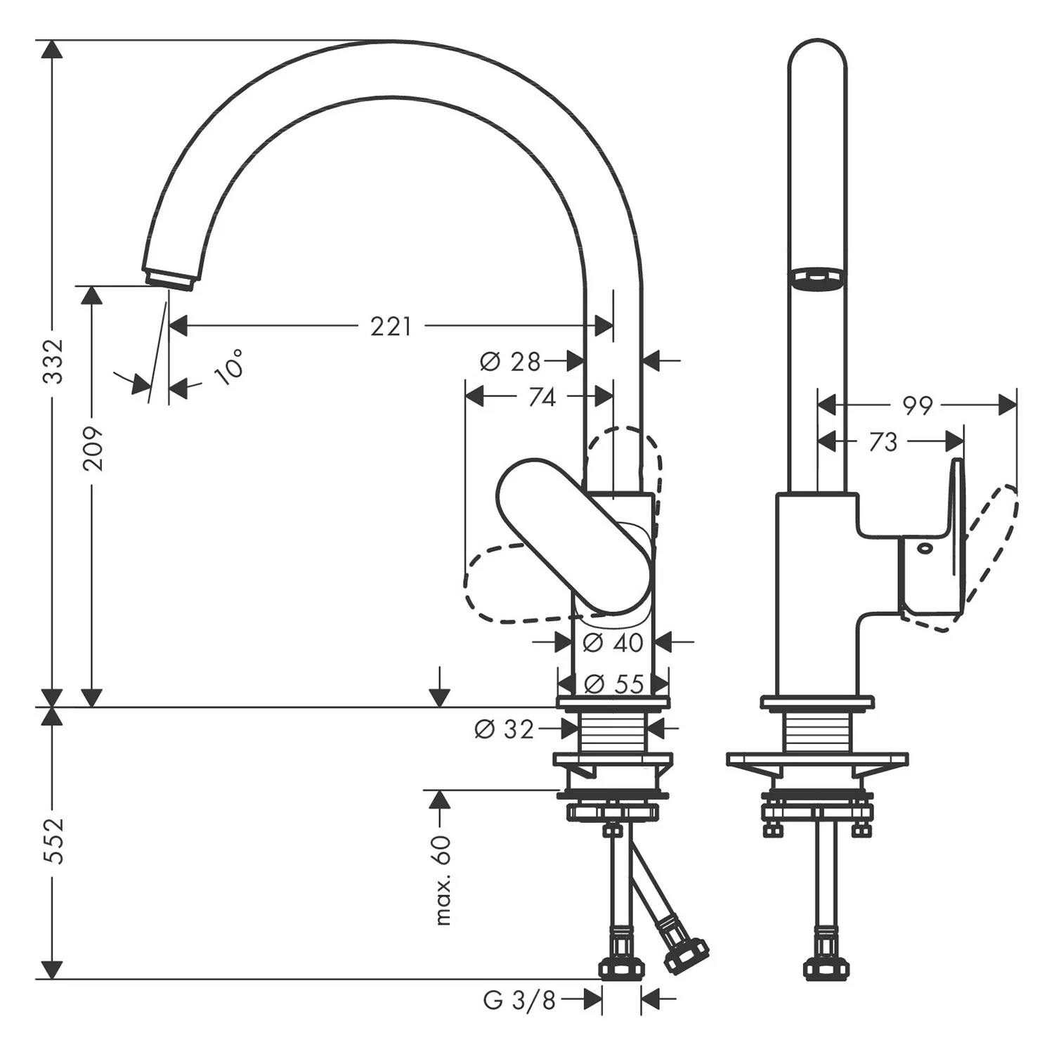 Rysunek techniczny baterii kuchennej z wymiarami, hansgrohe