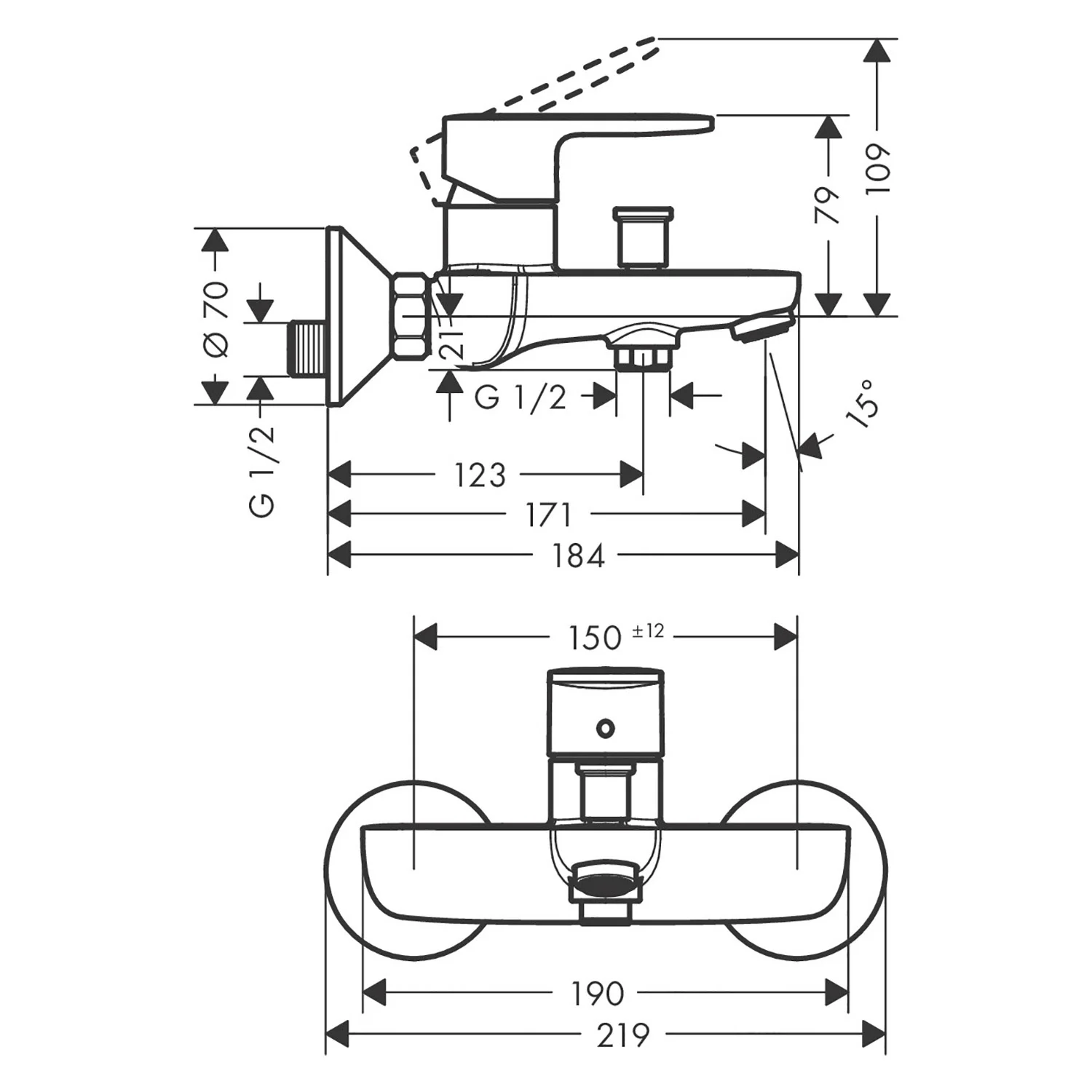 Rysunek techniczny jednouchwytowej baterii wannowej z wymiarami, hansgrohe