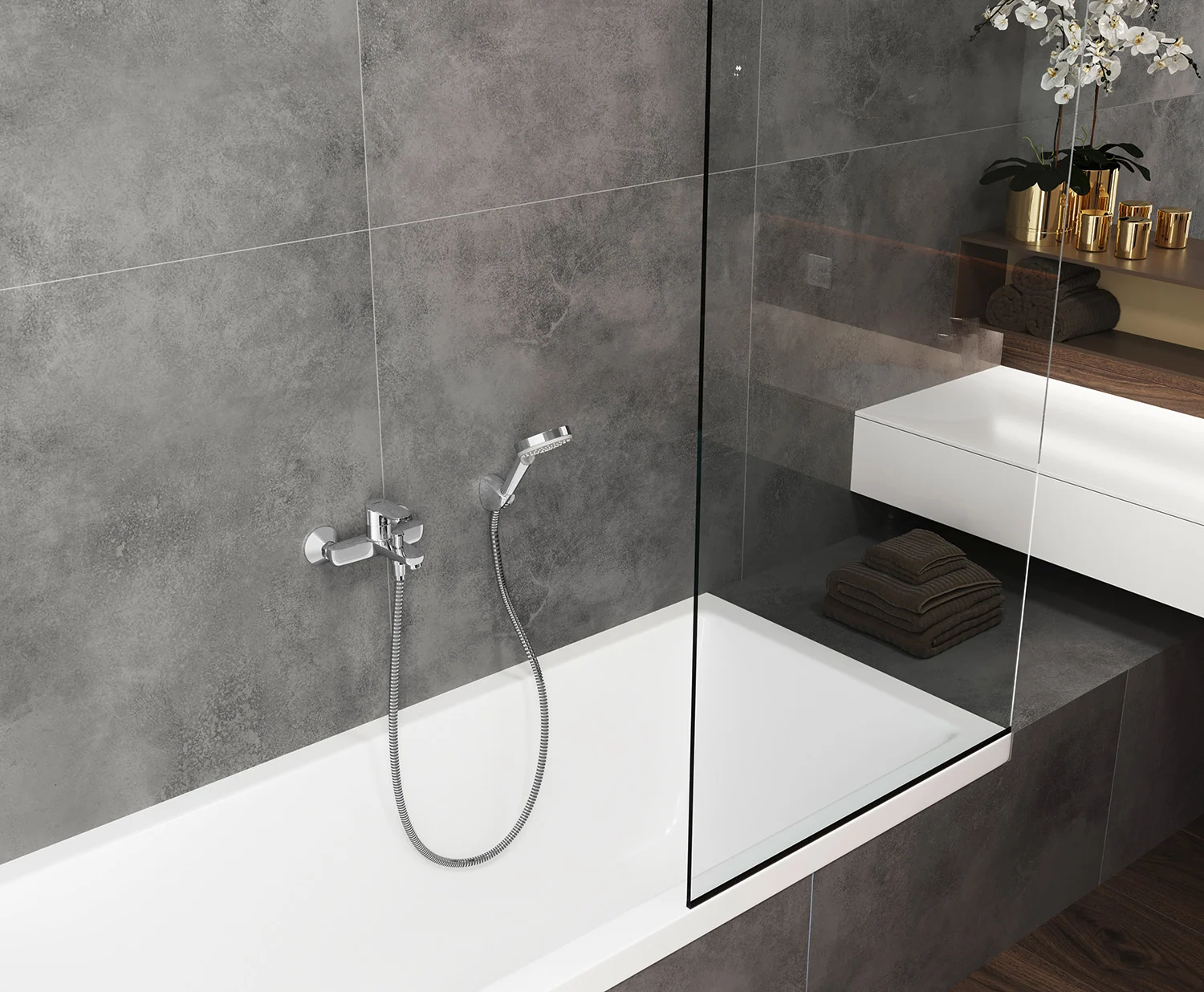 Jednouchwytowa bateria wannowa w nowoczesnej wannie, hansgrohe
