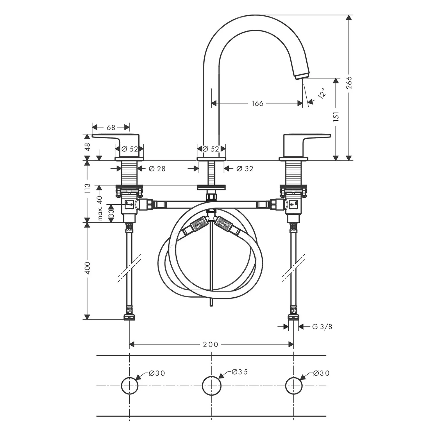 Rysunek techniczny baterii umywalkowej 3-otworowej z wymiarami, hansgrohe