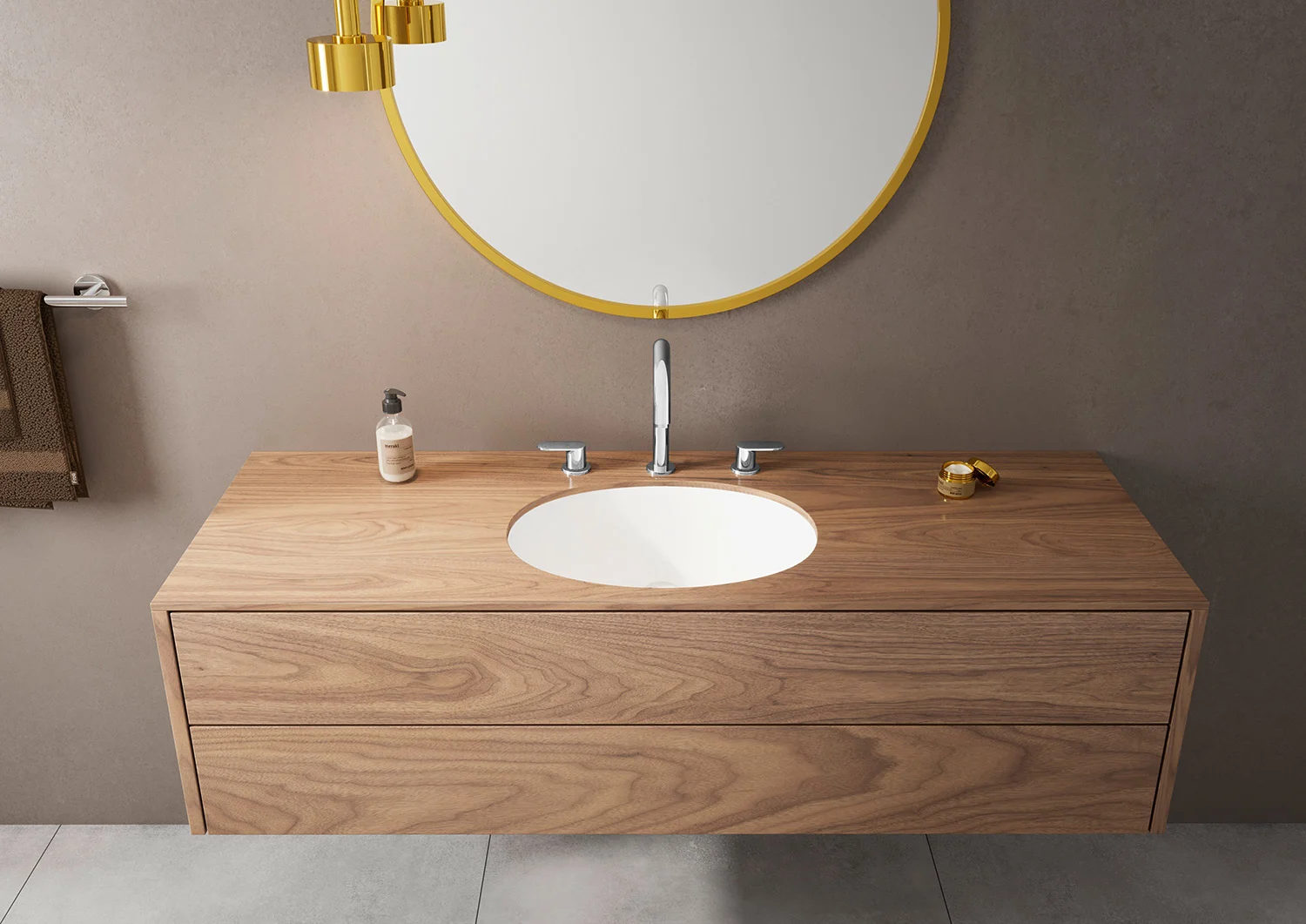 Drewniana umywalka z trzyelementową baterią i lustrem, hansgrohe