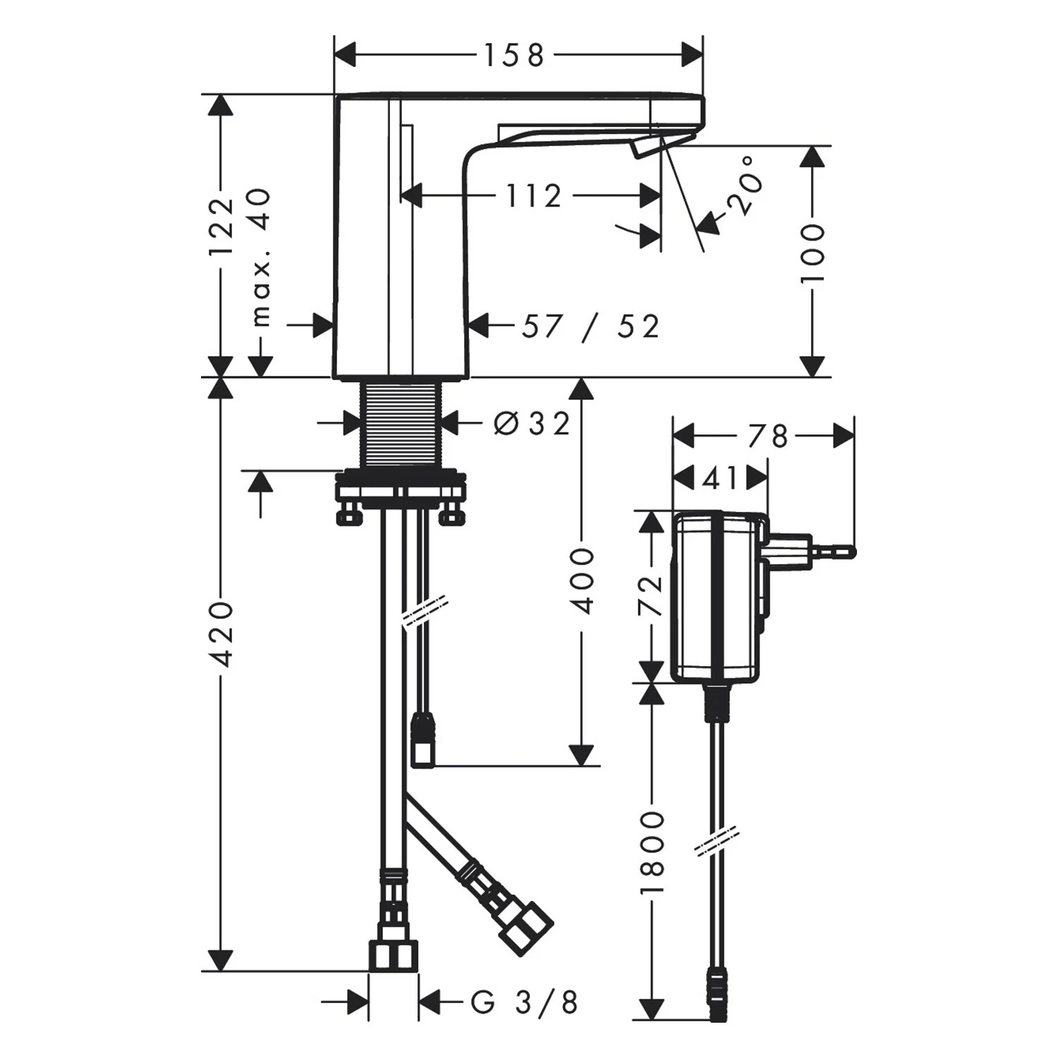 Rysunek techniczny baterii umywalkowej z wymiarami, hansgrohe