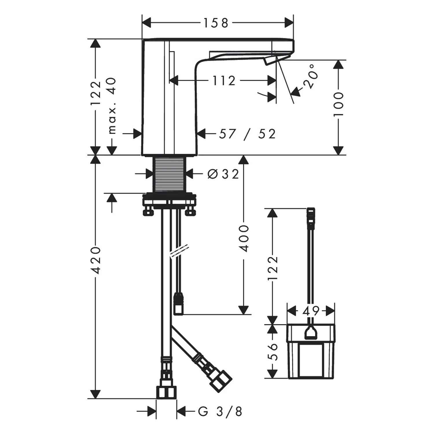 Rysunek techniczny baterii umywalkowej z wymiarami, hansgrohe