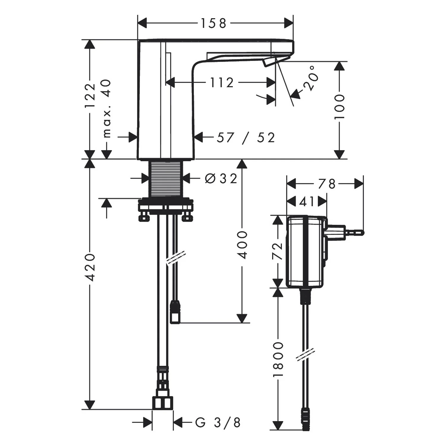 Rysunek techniczny elektronicznej baterii umywalkowej, hansgrohe