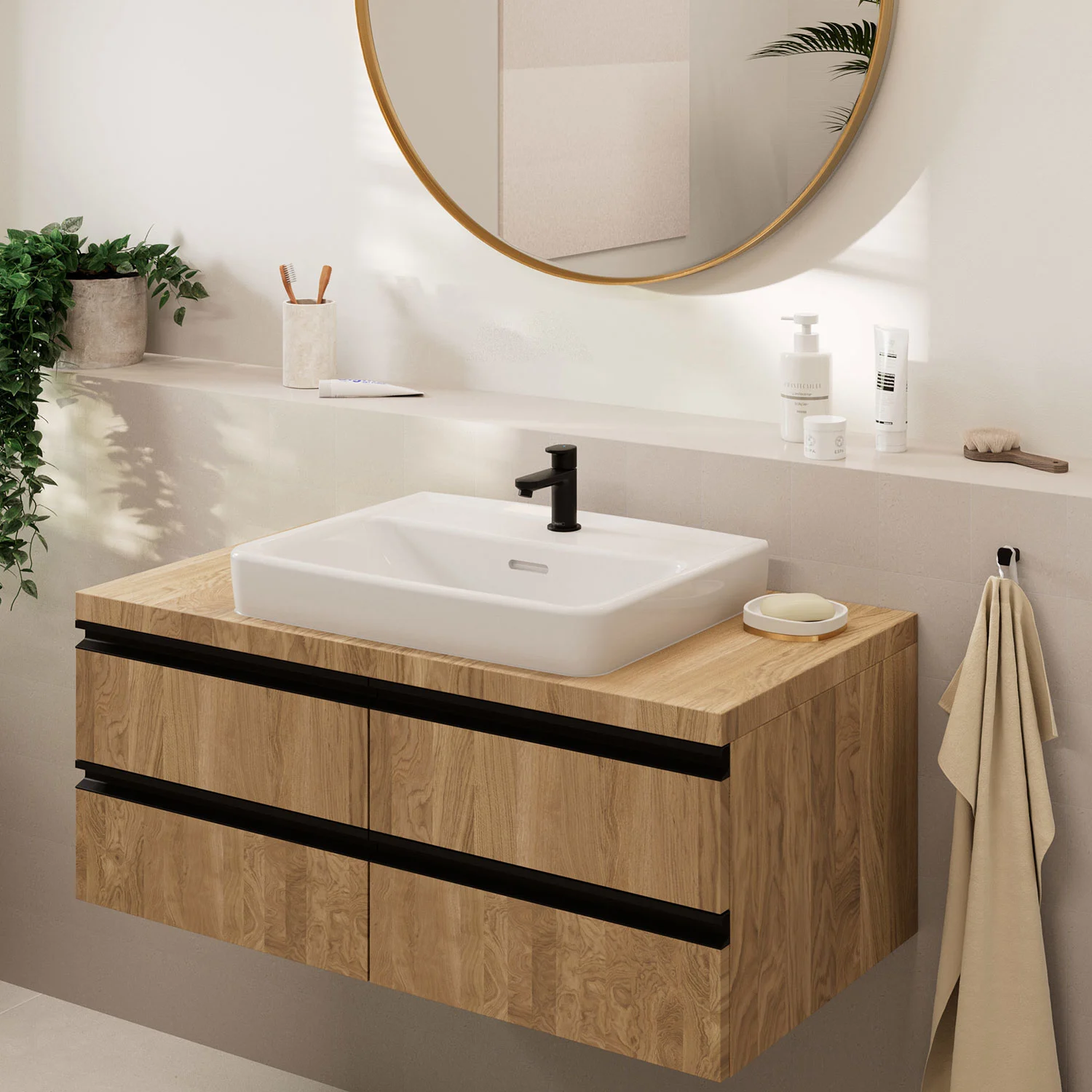 Zbliżenie umywalki z lustrem, hansgrohe