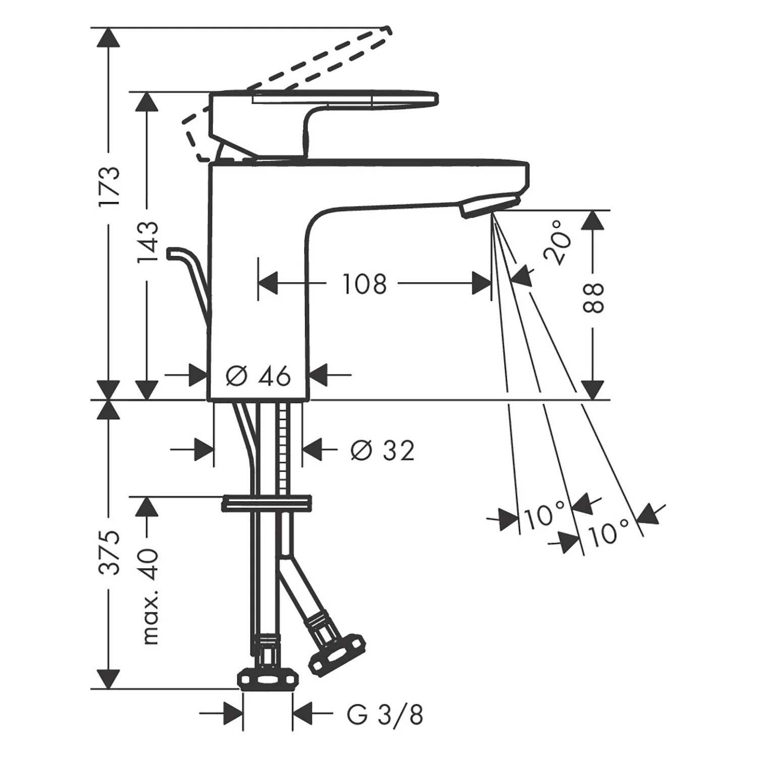 Rysunek techniczny baterii widok z boku, hansgrohe