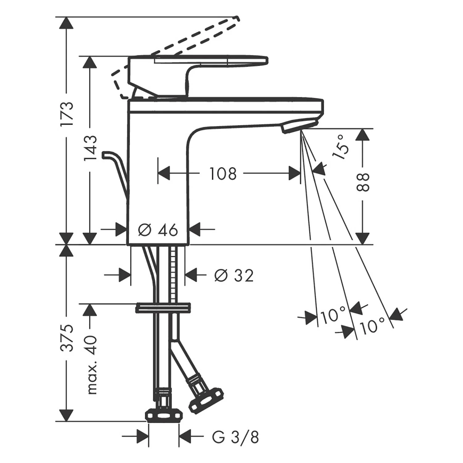 Rysunek techniczny baterii umywalkowej z wymiarami, hansgrohe