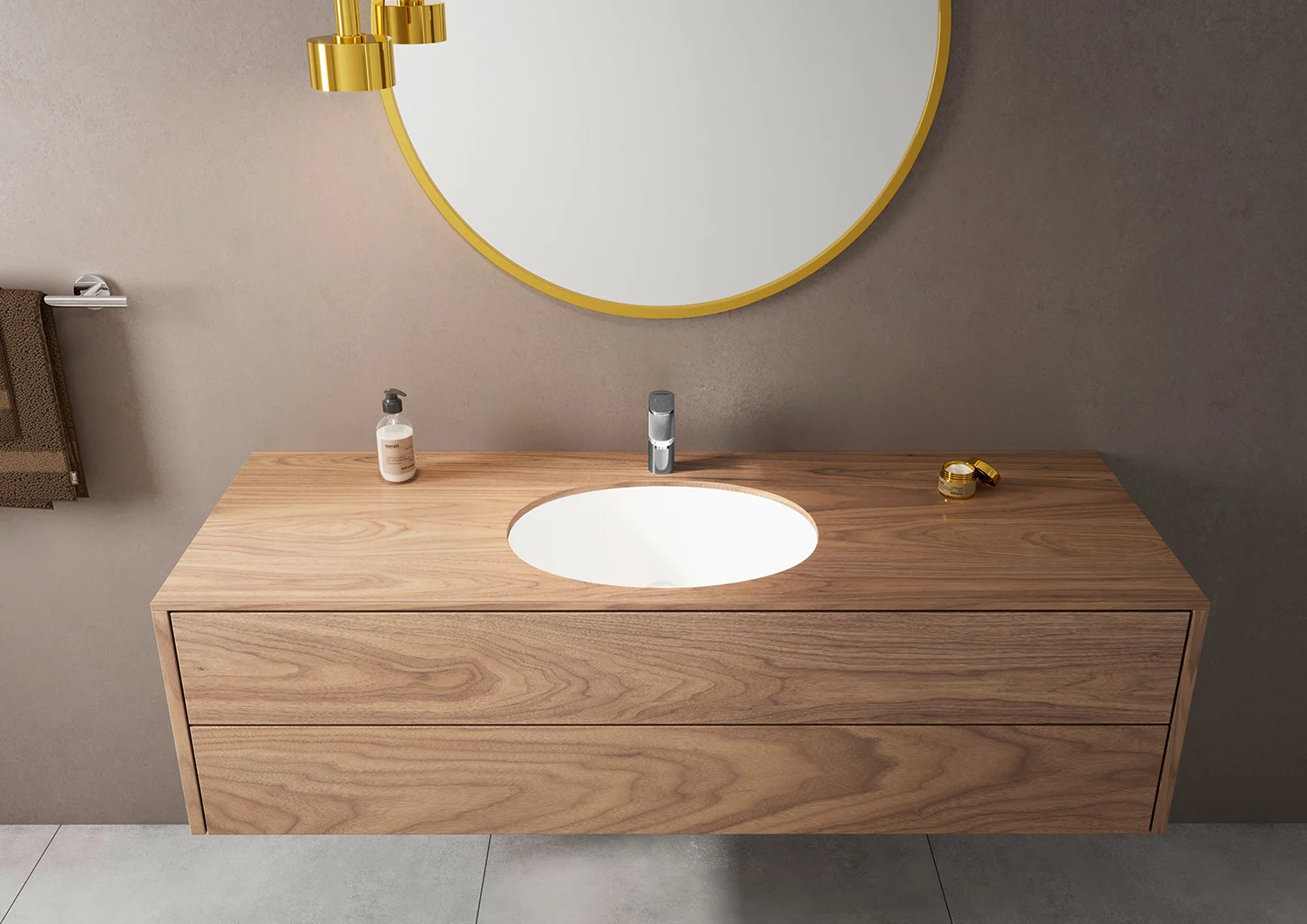 Drewniana umywalka z okrągłym lustrem w łazience, hansgrohe