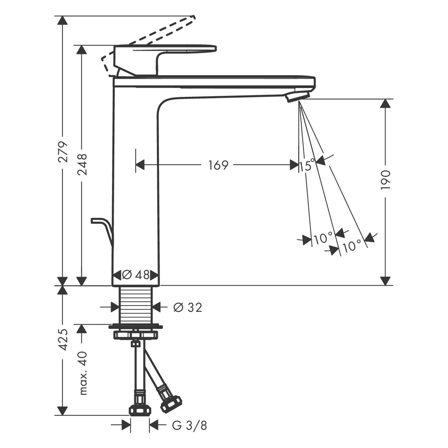 Rysunek techniczny baterii umywalkowej z wymiarami, hansgrohe