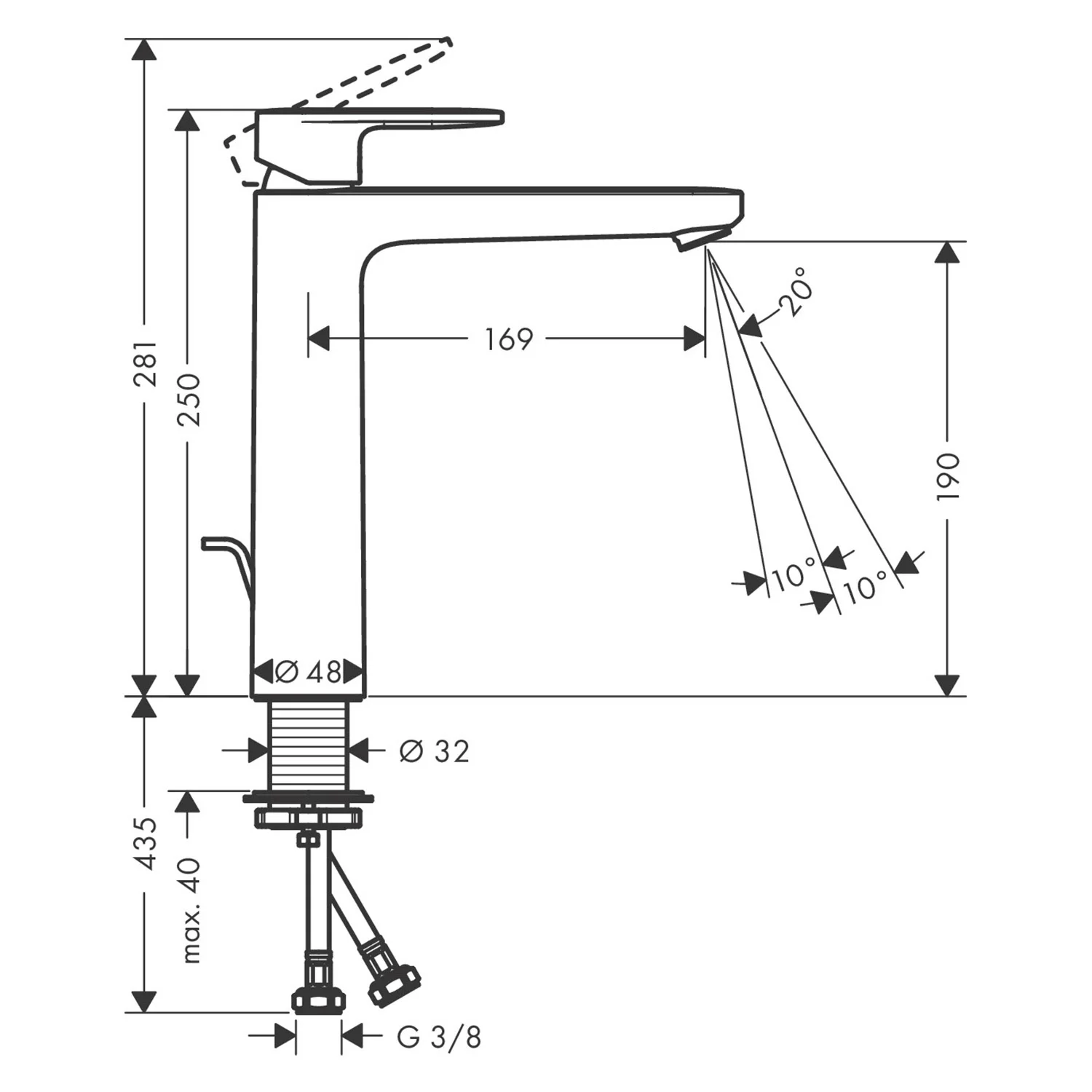 Rysunek techniczny baterii umywalkowej z wymiarami, hansgrohe