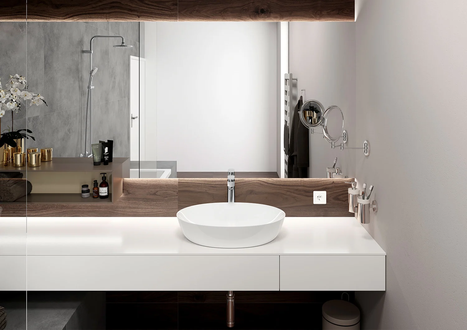 Nowoczesna łazienka z umywalką i baterią, hansgrohe